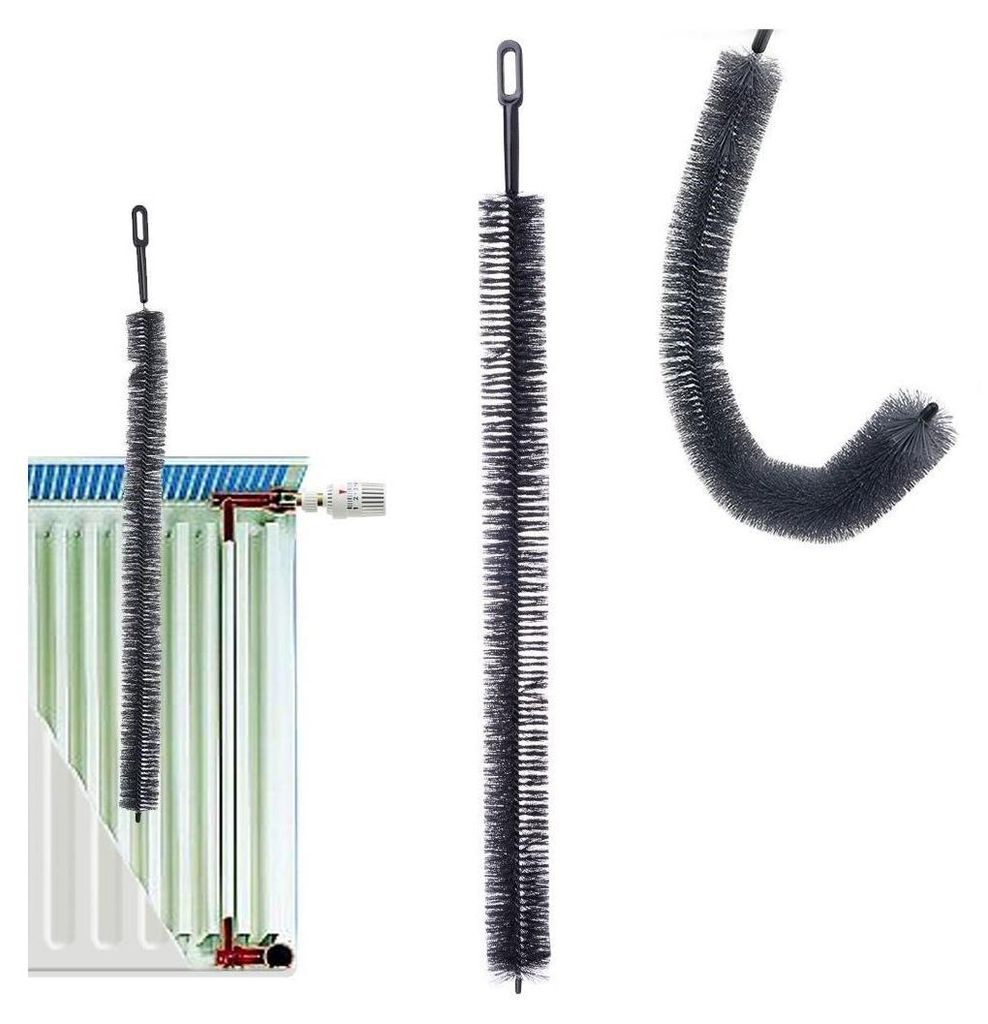 Three radiator cleaning brushes are displayed against a white background. One brush is shown inserted into a radiator, another is standing upright, and the third is bent into a curve.