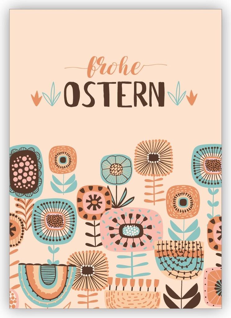 Tolle Retro folklore Osterkarte mit schönen Vintage Blumen: frohe Ostern