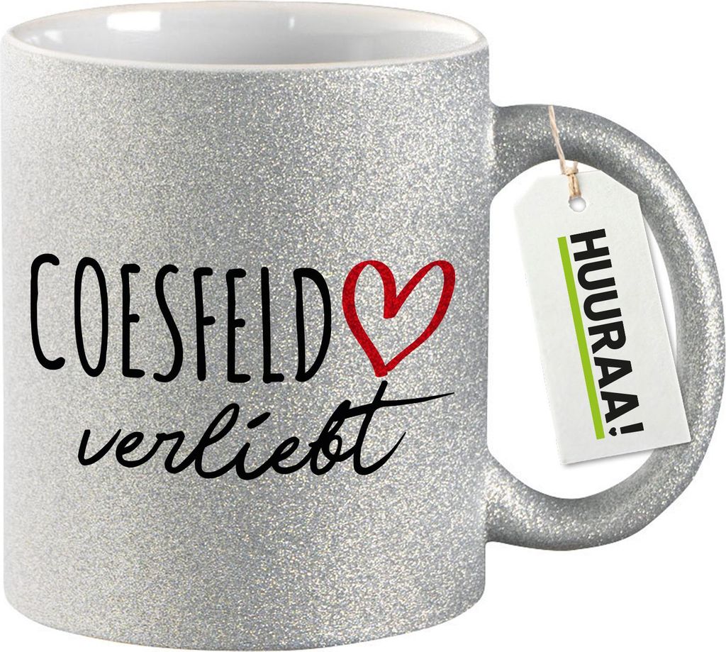 Huuraa Glitzertasse Coesfeld verliebt 330ml Silber Keramik Kaffeebecher Geschenkidee