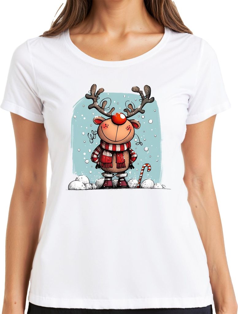 Rudolf Rentier Rotnase Weihnachten Lustig Schal Zuckerstange Damen T-Shirt, Weiß, M
