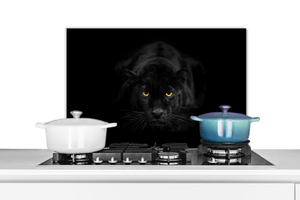 KitchenYeah Spritzschutz Küche - Küchenrückwand - Wandschutz für Herd und Spüle - Panther - Tiere - Schwarz - Augen 60x40 - Alu-Dibond (Alte...