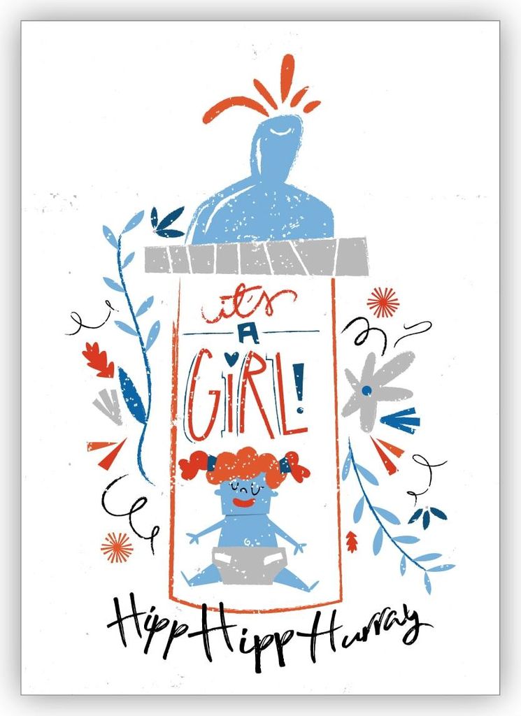 4x illustrierte Retro Glückwunschkarte zur Geburt eine Mädchen mit Vintage Baby Milchflasche: It's a girl Hip hip Hurray