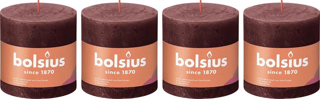 Bougies rustiques 10x10 cm coloris rouge velours - Set de 4 pièces