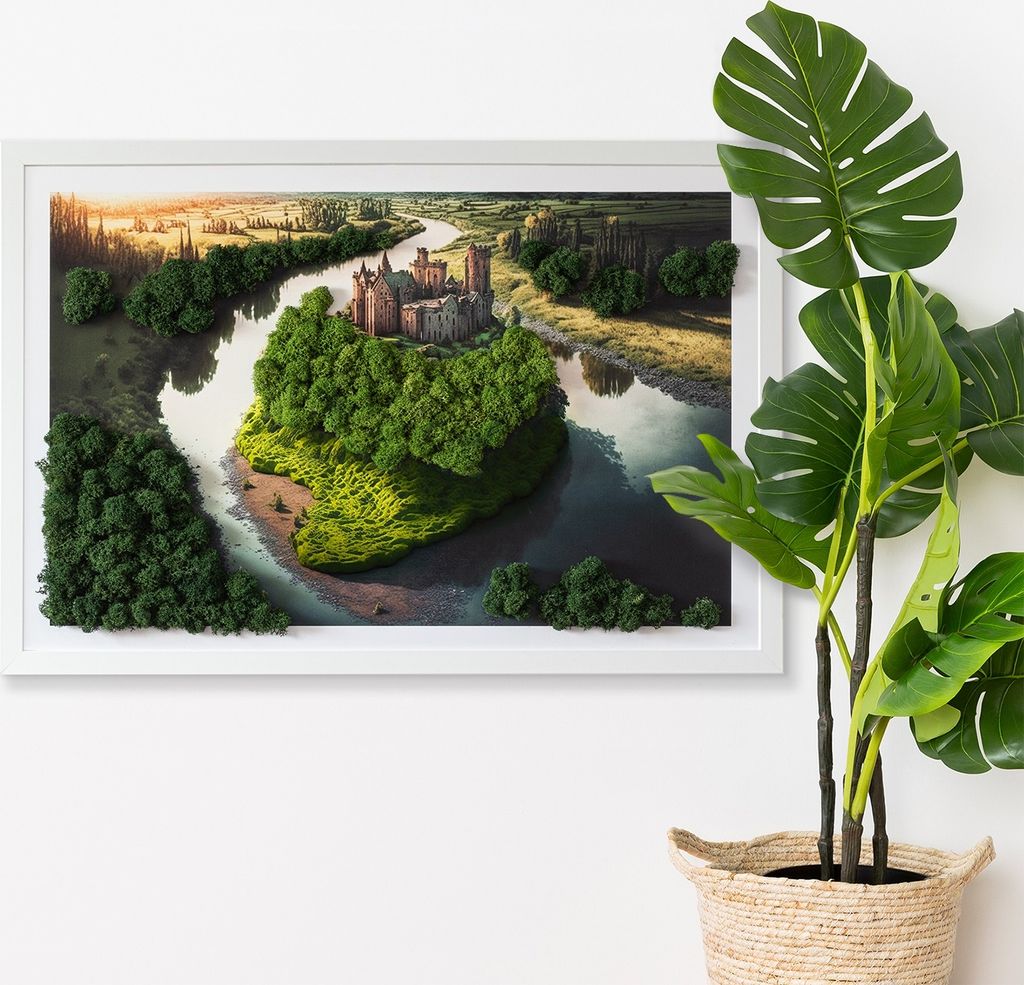 Moosbild mit Echtem Isländisch Moos - 60x40 cm - Weißer MDF-Rahmen - Schloss auf einem Hügel