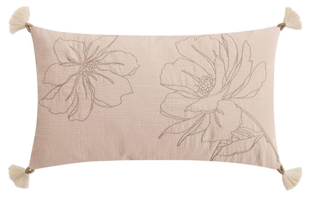 Kissenhülle - 50 x 30 cm - Creme - Baumwolle - mit Blumenstickerei und Quasten