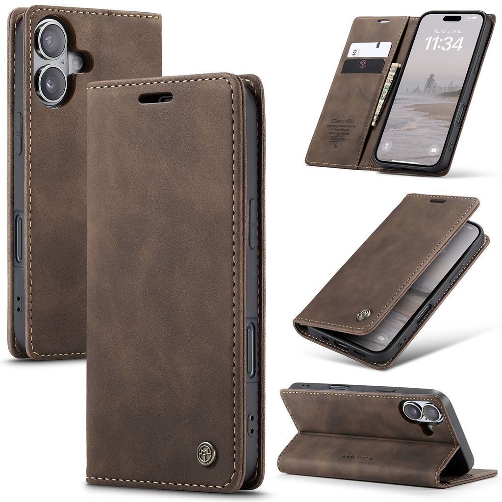 Hülle für iPhone 16 Plus Retro Kunstledertasche mit Standfunktion Schutzhülle Kaffee