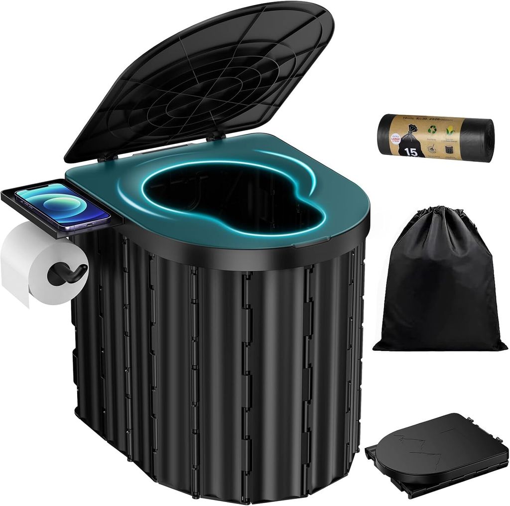 Campingtoilette, Tragbare Toilette, Klapptoilette, Mobile Toilette, mit Papierrollenhalter und Telefonablage, für Camping, Wandern, Reisen, Angeln