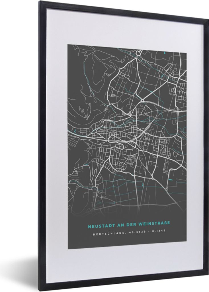 MuchoWow Gerahmtes Poster Stadtplan - Neustadt an der Weinstraße- Deutschland - Karte 40x60 cm - Poster mit Schwarzem Bilderrahmen Wandposter Ra...