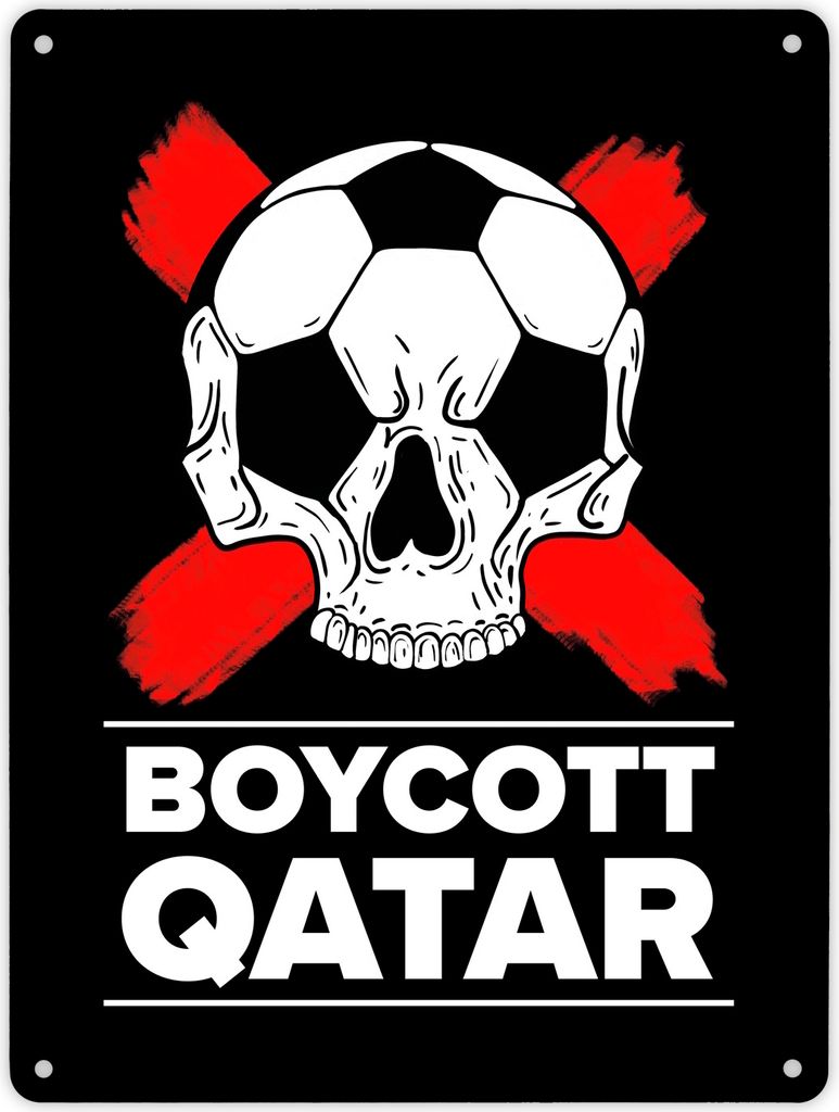 Boycott Qatar Metallschild XL in 21x28 cm mit Fußball-Totenkopf