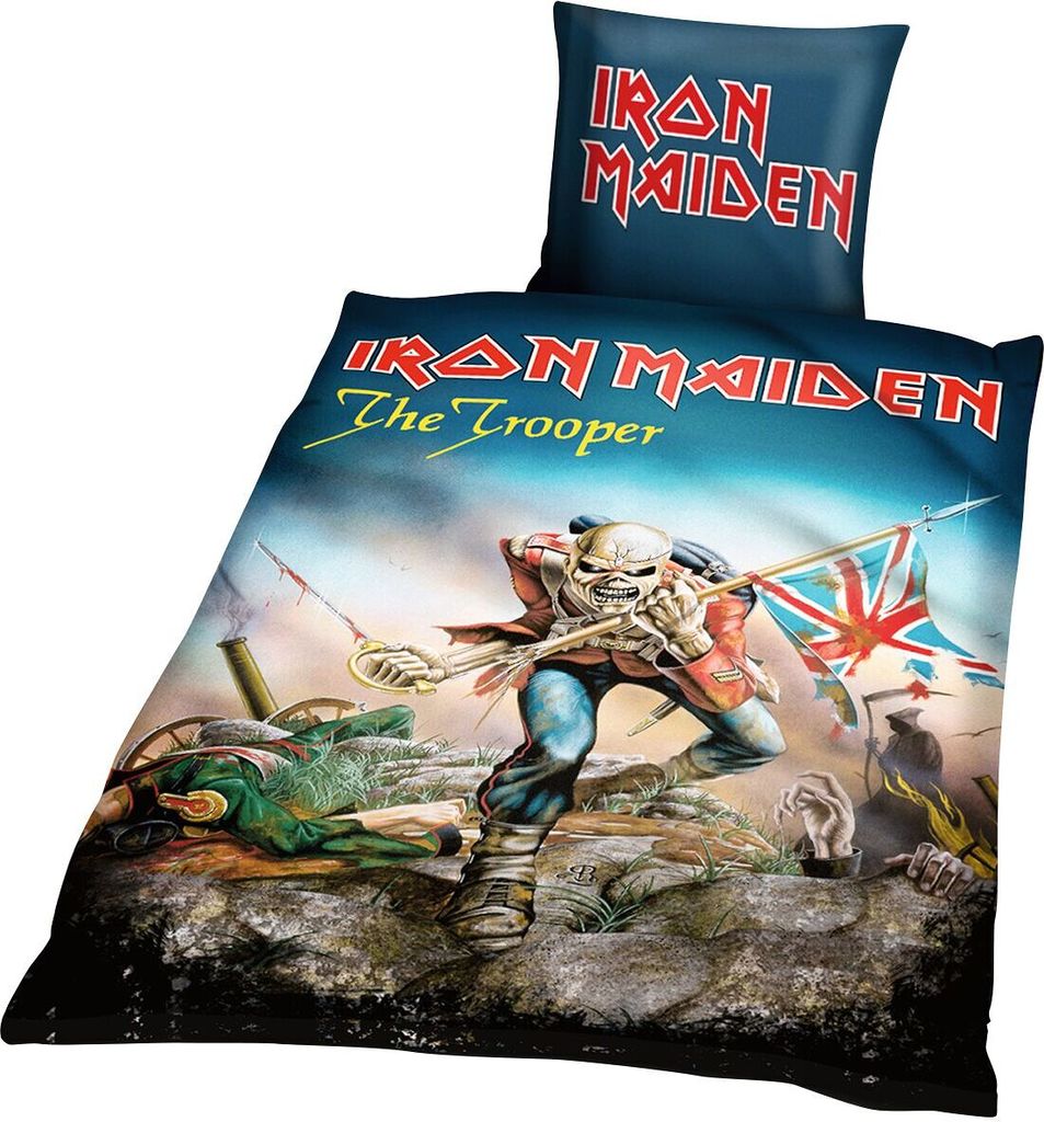 A duvet cover and pillowcase set featuring Iron Maiden's 'The Trooper' album art.