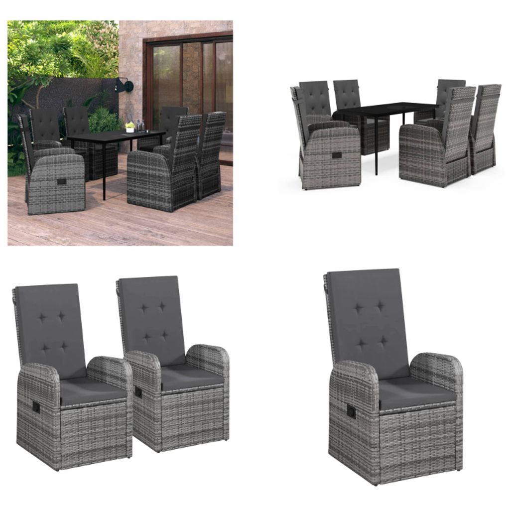 vidaXL 7 tlg. Garten Essgruppe mit Auflagen Grau - Garten Essgruppe - Garten Essgruppen - Gartenmöbel Set - Garten Möbelset