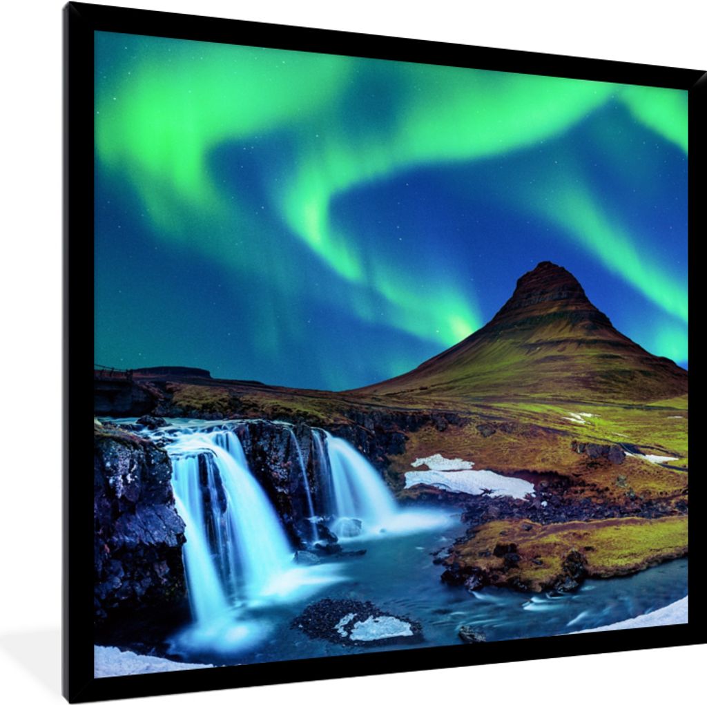 MuchoWow Gerahmtes Poster Nordlicht - Sternenhimmel - Island - Berg - Grün - Wasserfall - See 40x40 cm - Poster mit Schwarzem Bilderrahmen Wandp...