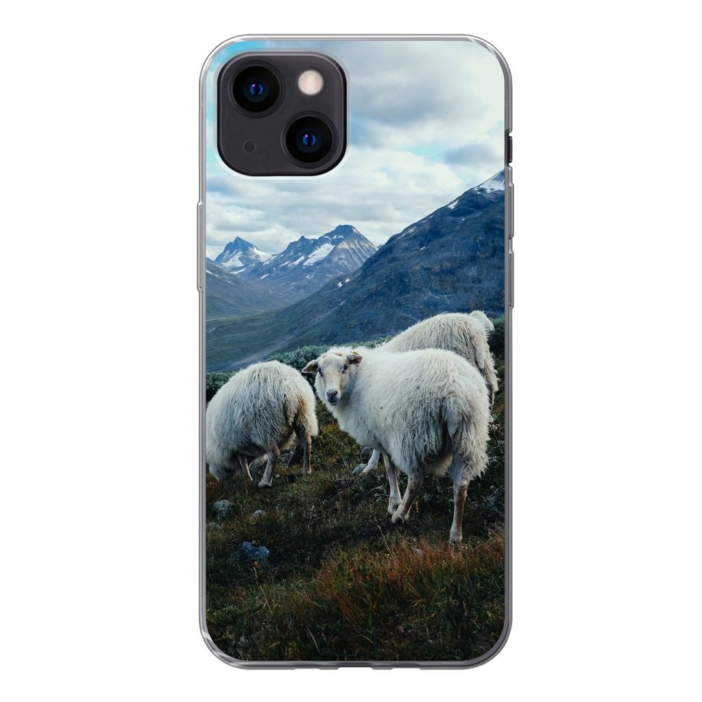 MuchoWow Handyhülle Schutzhülle Hülle für iPhone 13 mini Schafe - Natur - Berge Silikon Softcase Handy Hülle - Softcase