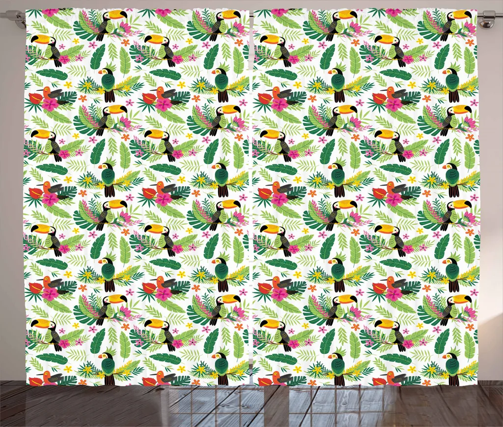 ABAKUHAUS Tenda rustica con pappagalli, flora e fauna della giungla, tenda con passanti e ganci per camera da letto, 280 x 245 cm, multicolore
