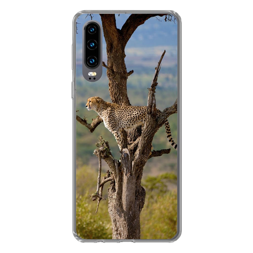 MuchoWow Handyhülle Schutzhülle Hülle für Huawei P30 Leopard - Baum - Tier Silikon Softcase Handy Hülle - Kartenbesitzer