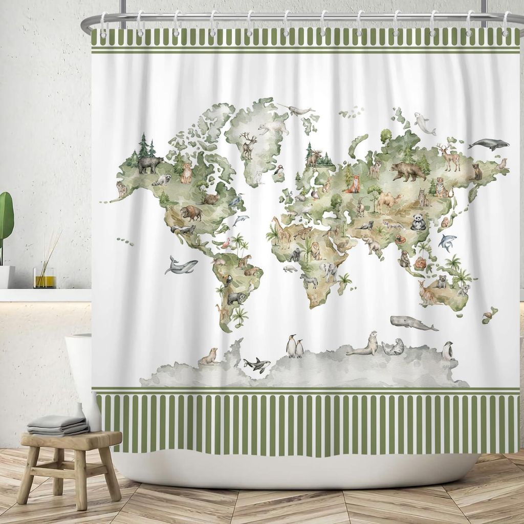 Lustiger Duschvorhang 180x200 cm, grüne Streifen, lustige Tiere, Weltkarte, weiß, waschbar, Polyester, wasserdichter Duschvorhang mit 12 Haken