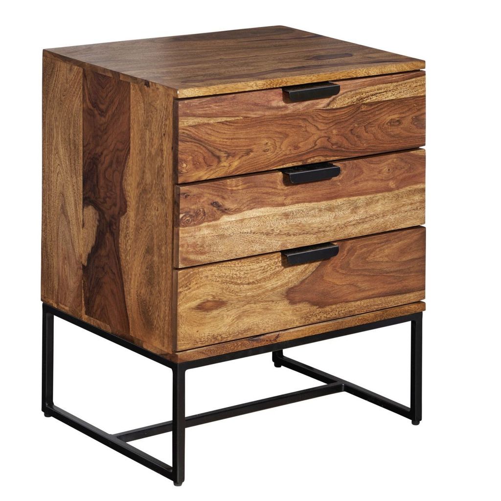 Nachttisch Sheesham Massivholz / Metall 50x40x65 cm Nachtschrank Boxspringbett, Design Nachtkonsole mit 3 Schubladen, Nachtkommode Industrial mit S...