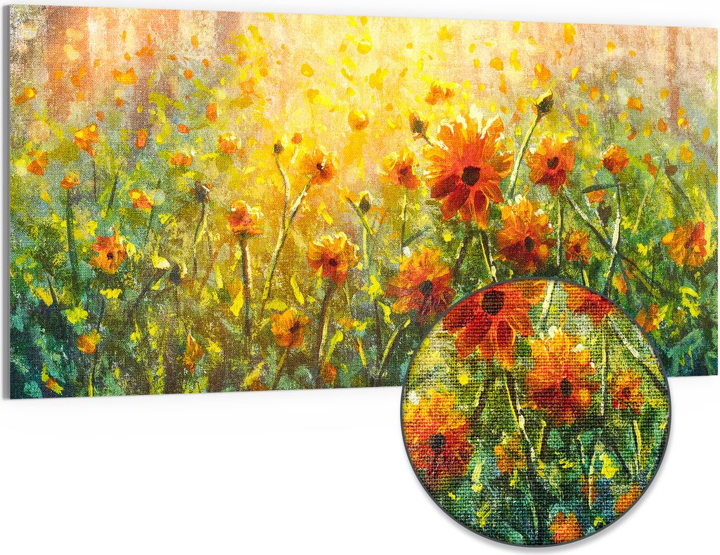 DEQORI Hybrid Leinwand Bild 100x50 cm 'Blumenwiese im Monet-Stil' Wandbild Glas flach modern
