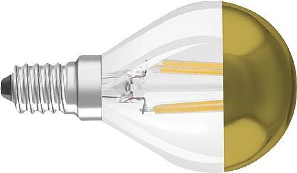 A split image of an LED light bulb, showing the base and filament on one side and the mirrored gold head on the other.