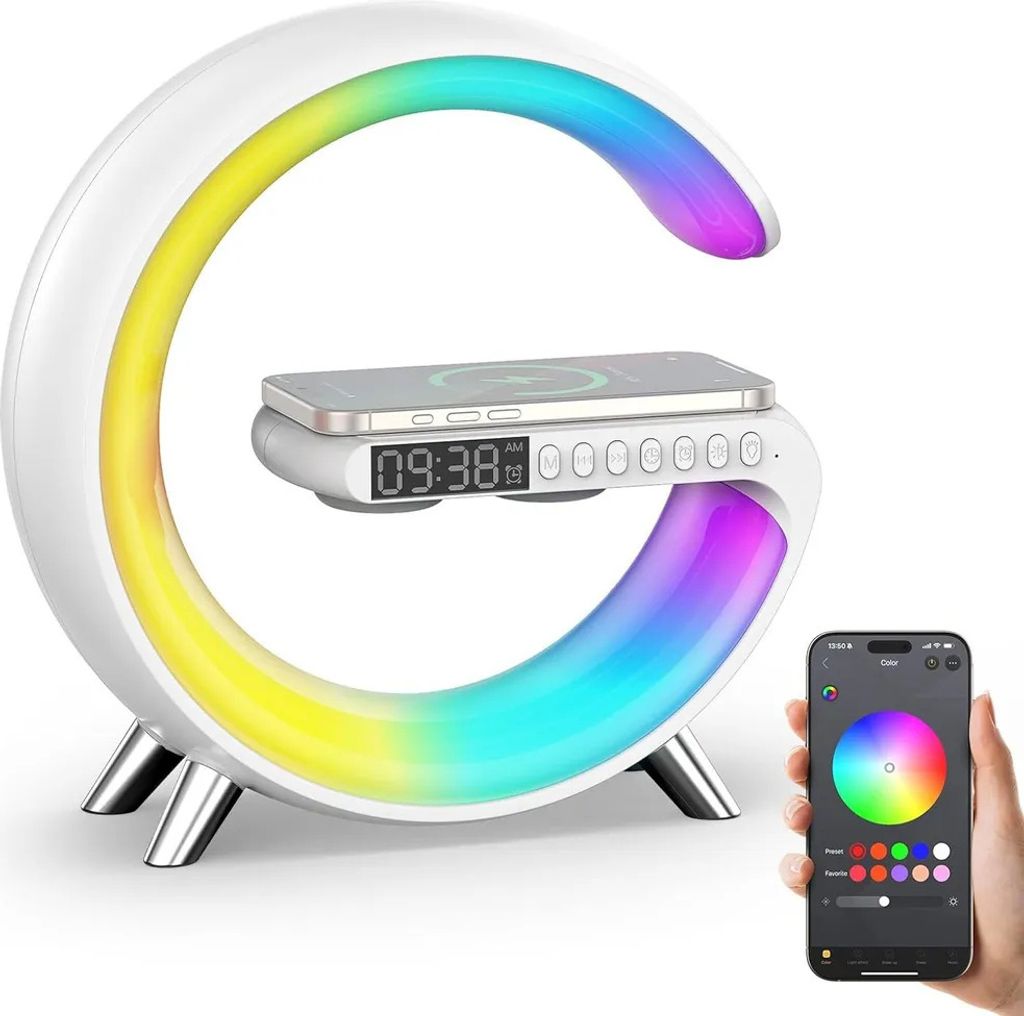 A multifunctional lamp with a wireless charger, clock, and Bluetooth speaker, shown with a smartphone controlling its lighting.