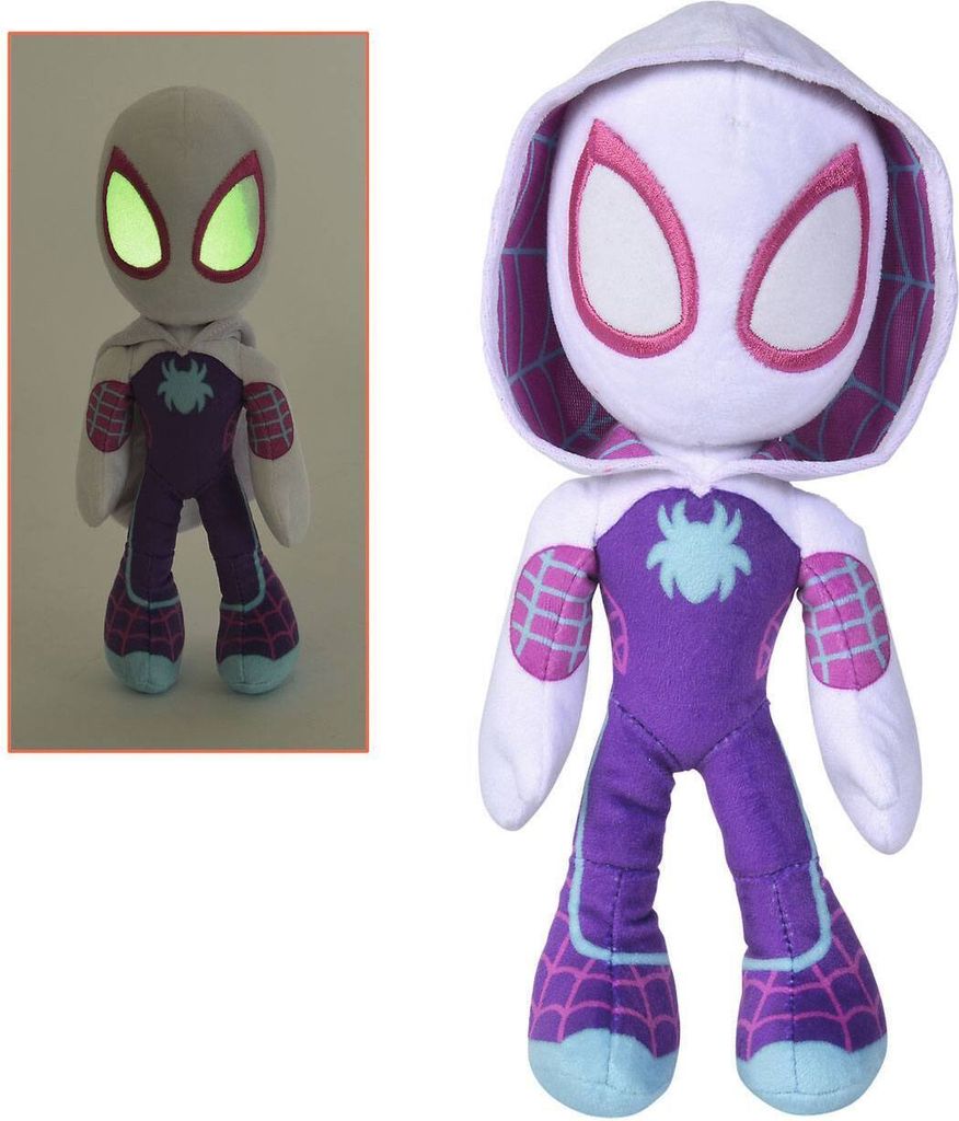 A plush toy of Ghost-Spider from Marvel's Spidey and His Amazing Friends.