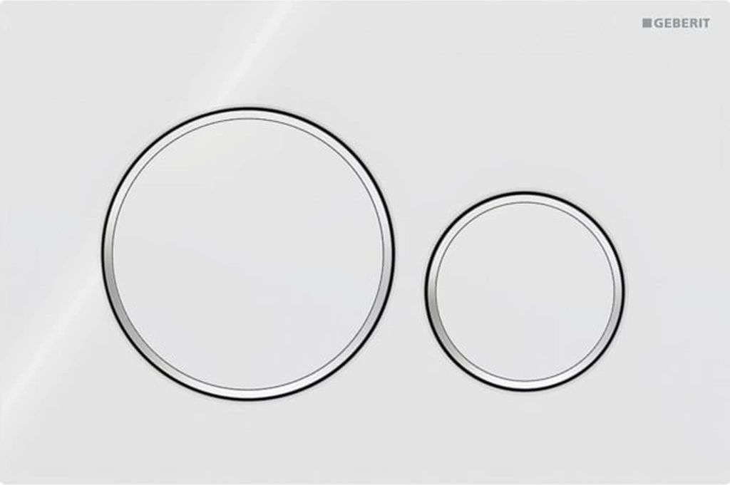 A white toilet flush plate with two circular buttons.