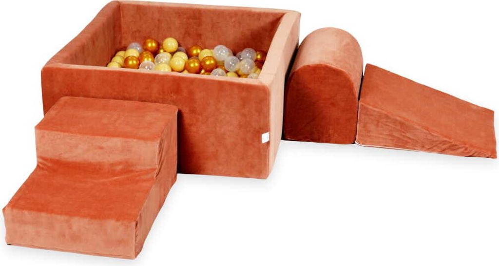 Schaumstoff-Spielset mit quadratischem Bällebad – Schaumstoff-Spielset mit quadratischem Pool 90x90x40 samtweicher Canyon-Ton mit Bällebad-Bäl...