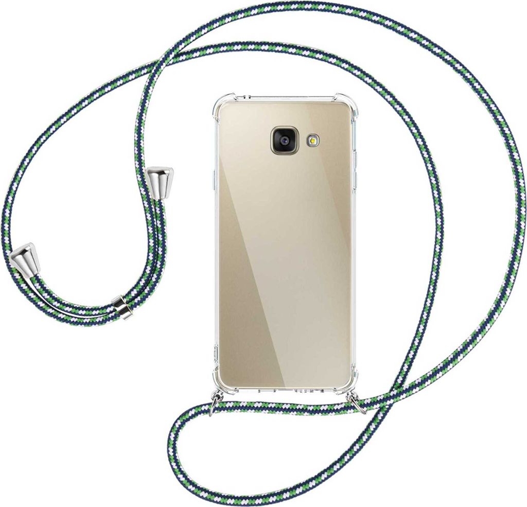 Handykette Backcover-Schutzhülle mit Band (Metall silberfarben) für Samsung Galaxy A5 2016 (SM-A510) - grün/blau/weiß