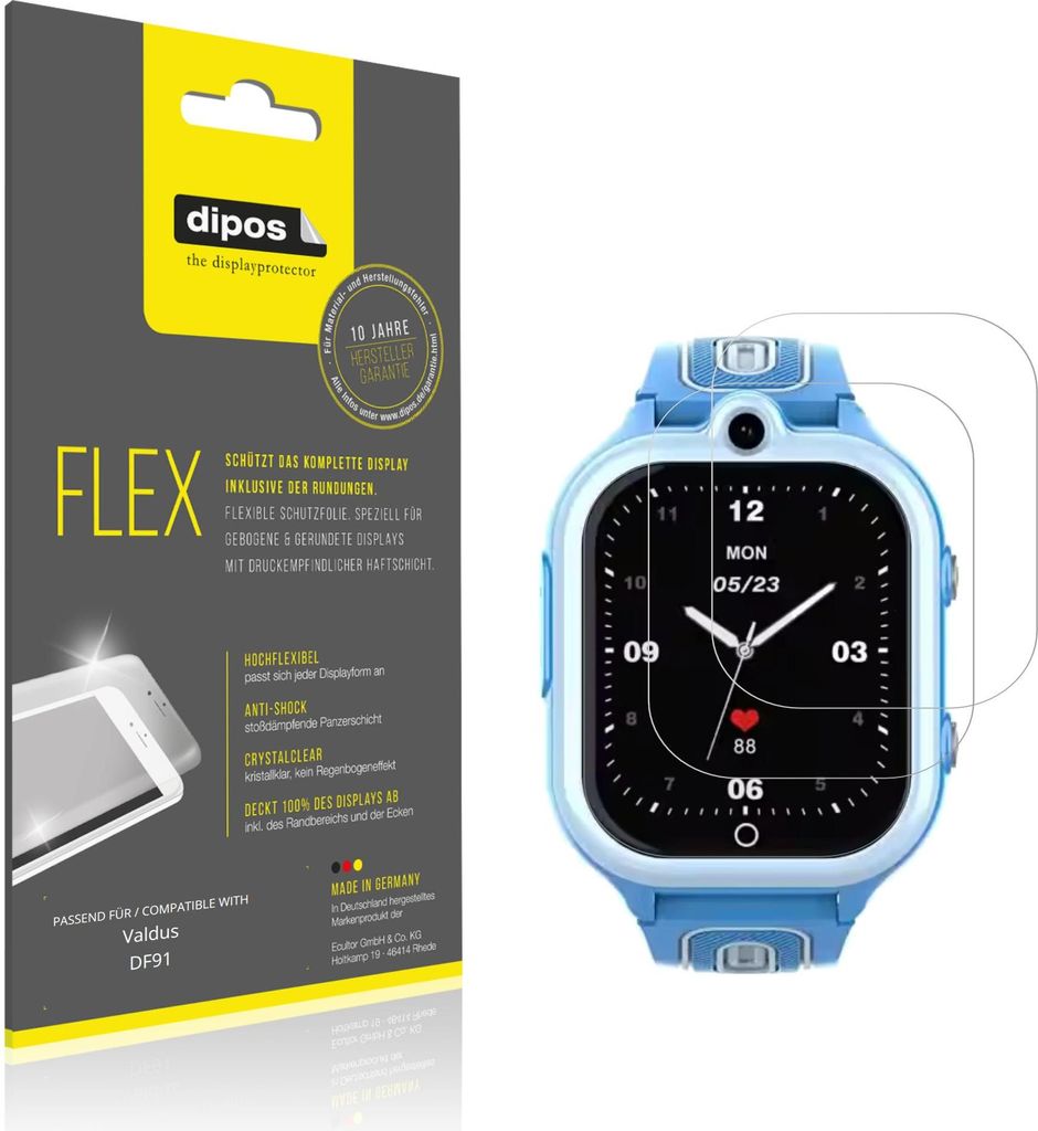 2x Schutzfolie für Valdus DF91 Folie, 100% Displayabdeckung, dipos Flex
