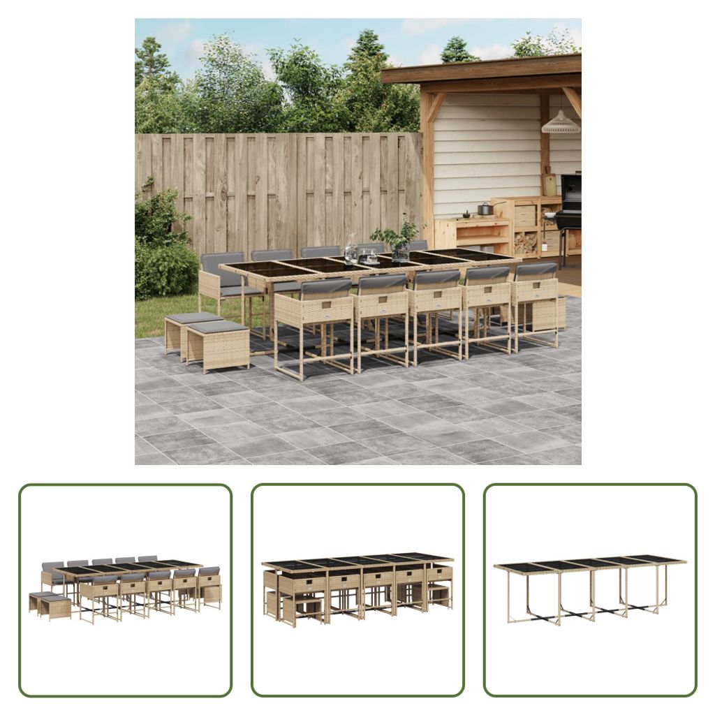 The Living Store 15-tlg. Garten-Essgruppe mit Kissen Beigemischung Poly Rattan