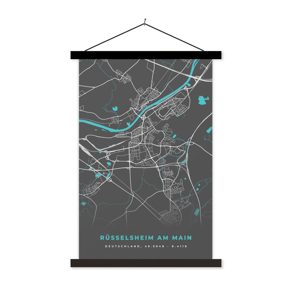 MuchoWow Textilposter Blau - Deutschland - Karte - Stadtplan - Rüsselsheim am Main 40x60 cm mit schwarzem Rahmen - Wanddekorationen