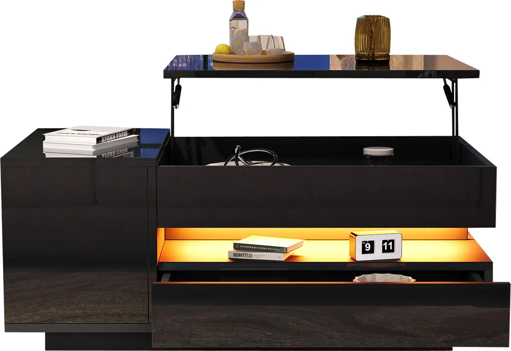 Table Basse Haute Brillance Relevable avec LED et Coffre de Rangement - 15