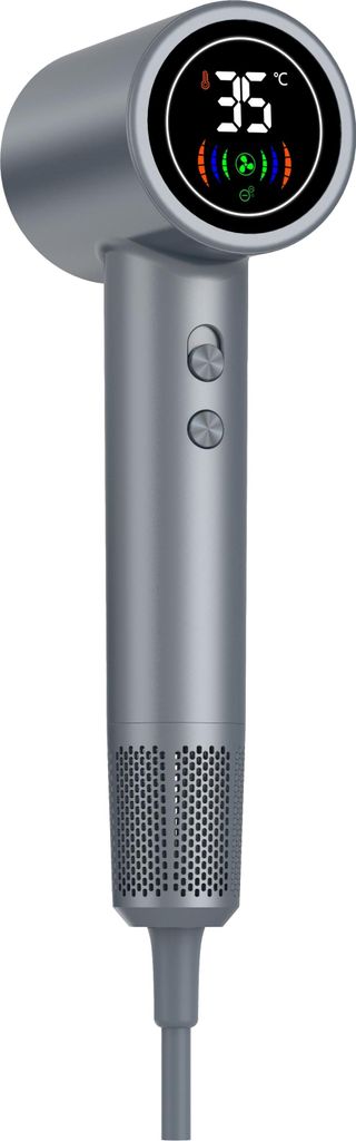 A close-up studio shot of a dark grey hair dryer against a white background.