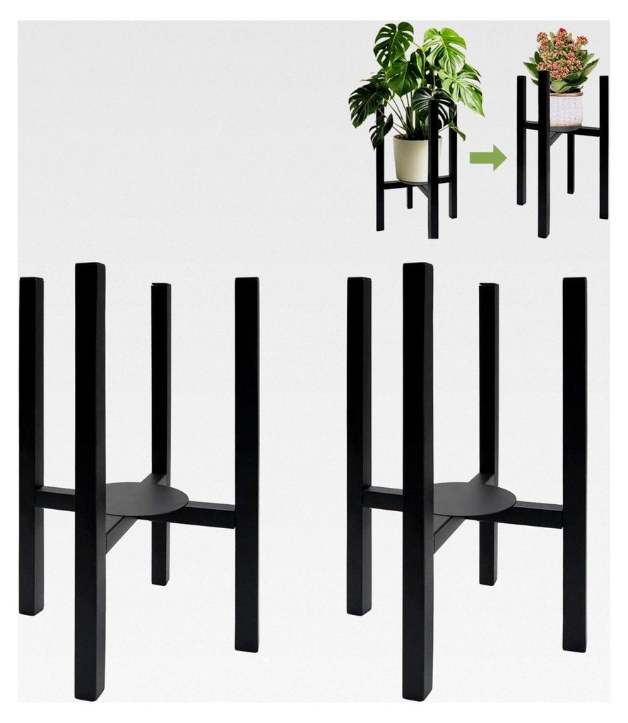 Verstellbarer Blumenständer im 2er Set, Stabiler Metall Pflanzenständer mit Rundem Tablett, Schwarz für Innen und Außen, Einstellbare Breite 24...