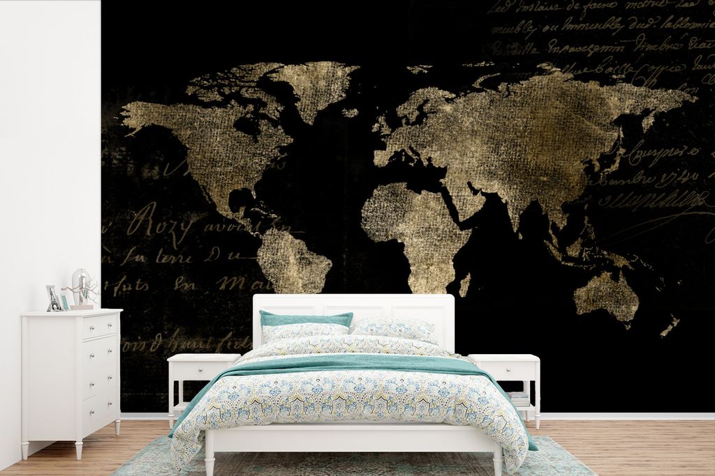MuchoWow Fototapete für Wohnzimmer oder Schlafzimmer Wandtapete Vinyl Motivtapete Weltkarte - Gold - Vintage - 390x260 cm - Papiertapete