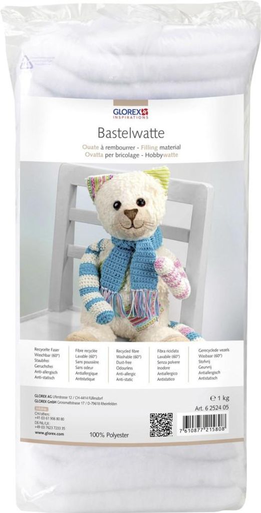 GLOREX 6 2524 05 - Bastelwatte, 1 kg weiß, 100 % Polyester, waschbar bis 30°C, schwer entflammbar, ideal zum Basteln und als Füllmaterial für K...