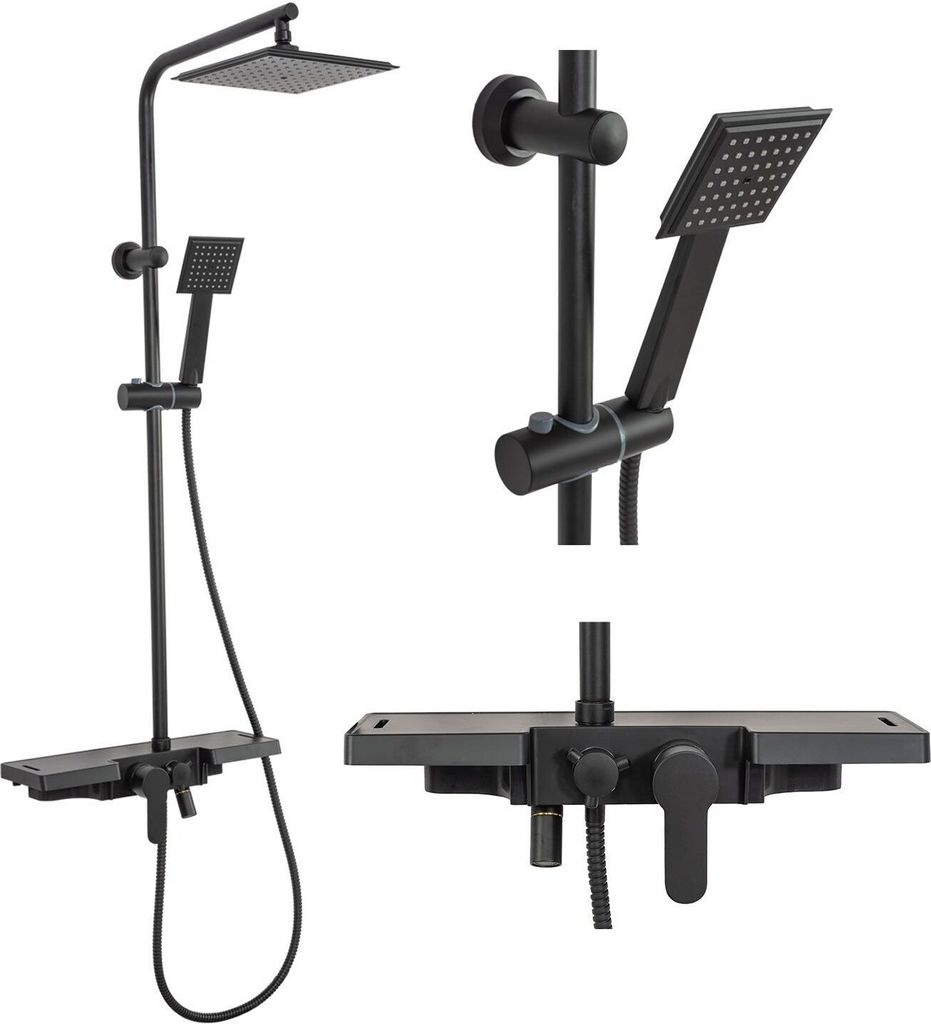 A black shower set is displayed against a white background.
