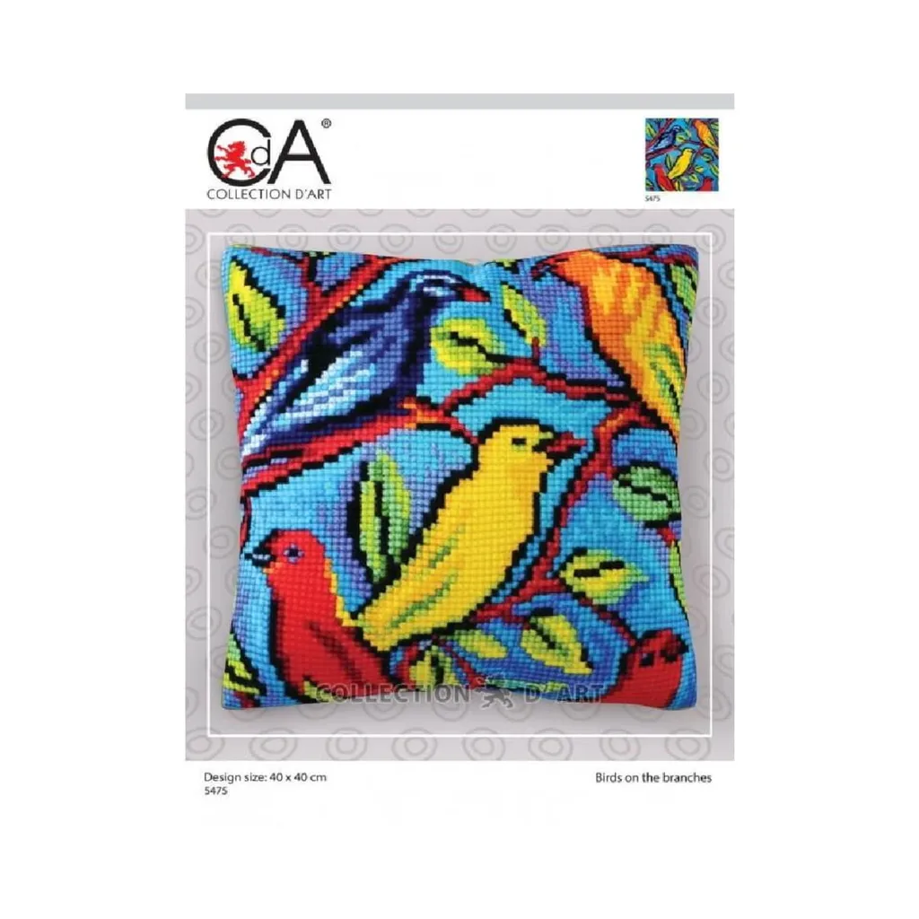 Kit Coussin Point de Croix Facile Oiseaux 40x40cm avec Toile Imprimée