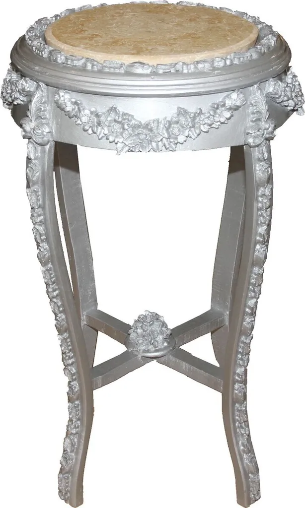 Petite table ronde baroque argent aspect vieilli et crème de 42 x 72 cm