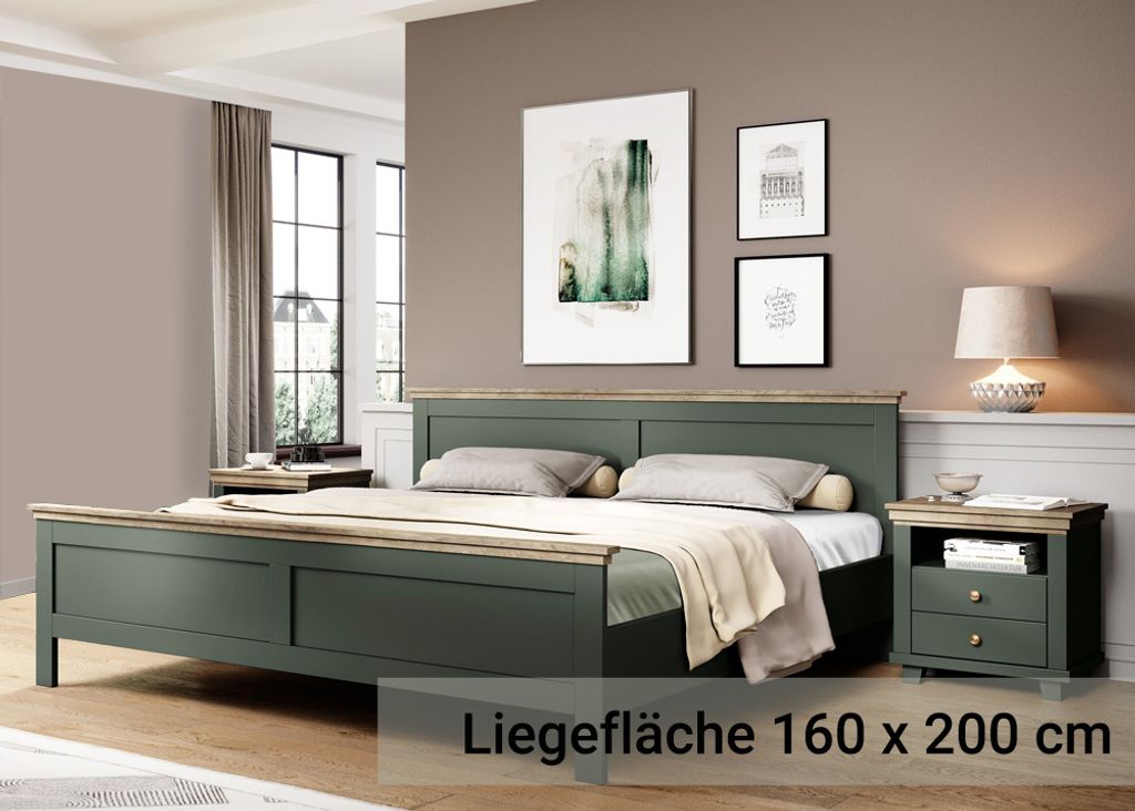 Doppelbett Liegefläche 160 x 200 cm mit 2x Nachttisch EPSOM-83 Landhausstil in grün mit Lefkas Eiche Nb., B/H/T: ca. 295,5/88,5/211,5 cm