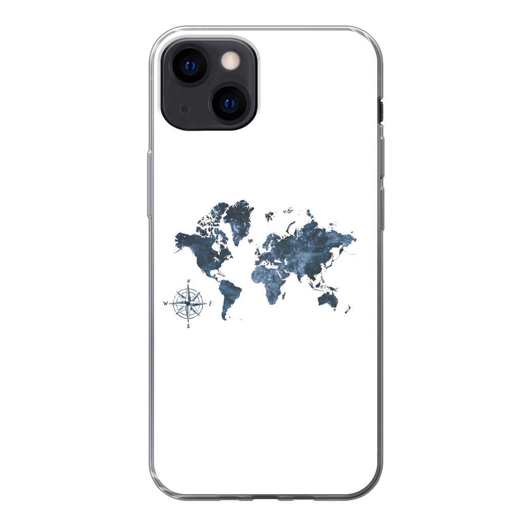 MuchoWow Handyhülle Schutzhülle Hülle für iPhone 13 Weltkarte - blau - Kompass Silikon Softcase Handy Hülle - Karteninhaber