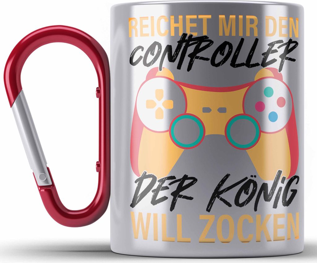Trendation - Reichet Mir Den Controller Der König Will Zocken Geschenk Gaming Jungs Edelstahl Tasse Karabiner (Rot)