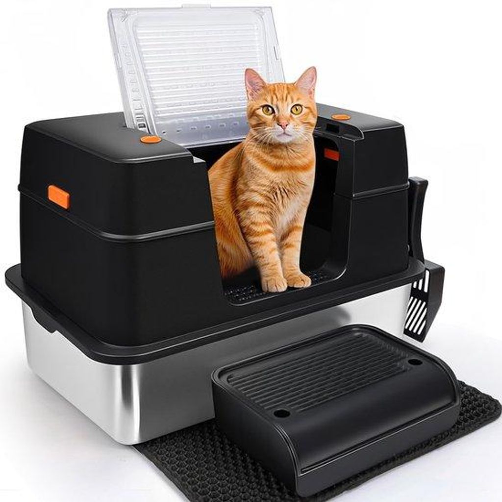RVS-Katzenstall XL, Großer Katzenstall mit Deckel, Katzenstall mit hohem Rand, leicht zu reinigen, halbgeöffnet/vollständig geschlossener RVS-Ka...