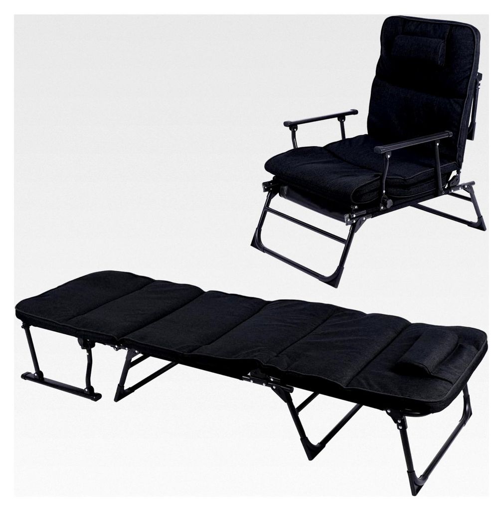 2 in 1 Gartenliege | Ruheliege | Sanitätsliege | Liegebett | Gästebett | Relaxsessel | Ruhesessel mit Polster und Kopfkissen, Farben: Schwarz