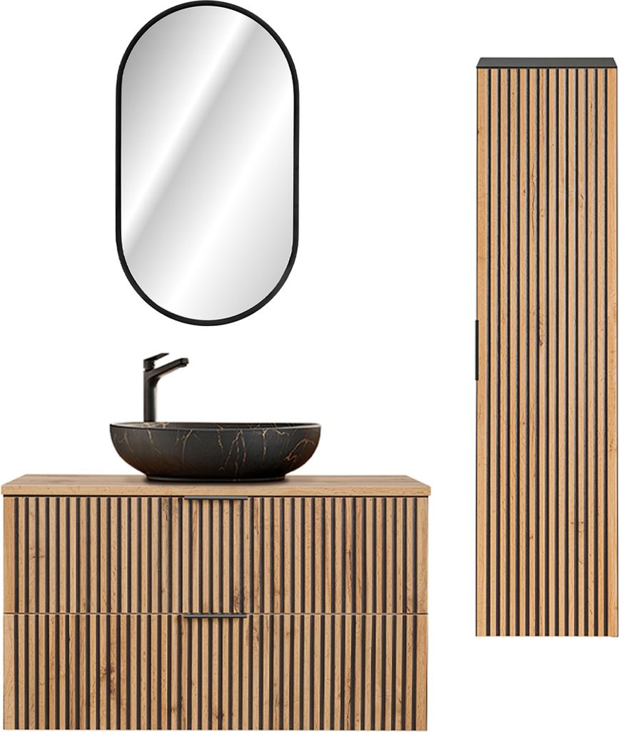 Set aus Einzelwaschtisch 100cm LED Spiegel und Säule Gaia Holz und Schwarz - Waschtisch Schwarz