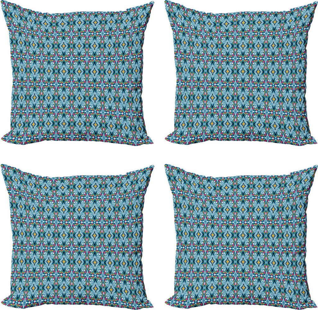 ABAKUHAUS Boho Kissenbezug Set (4 Stück), Azulejo-Art-Blumenfliesen-Kunst, Moderner Doppelseitiger Digitaldruck, 40 cm x 40 cm, Sky Blue Multicolor