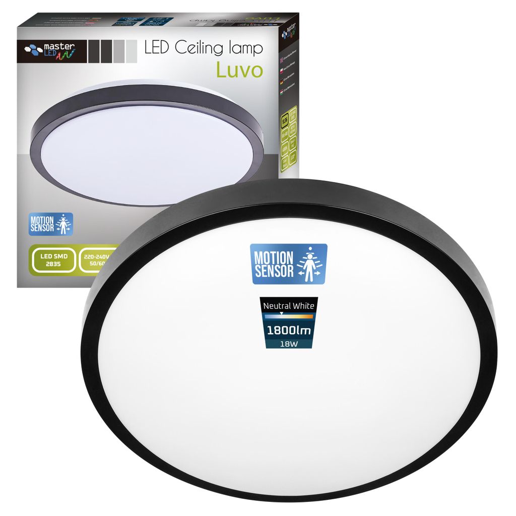 A product shot of a ceiling lamp and its packaging.