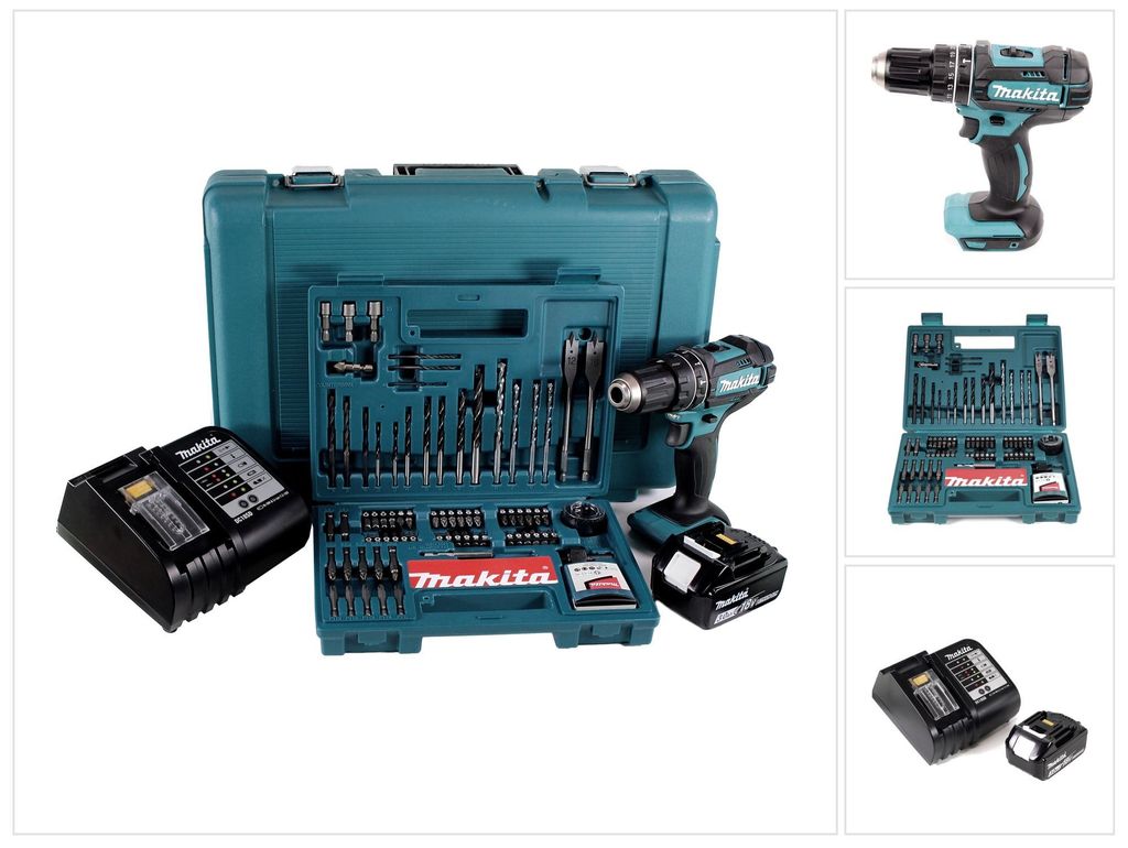 Makita DHP 482 SFK Akku Schlagbohrschrauber 18V 62Nm + 1x Akku 3,0Ah + Ladegerät + 100 tlg. Bit Bohrer Set + Koffer