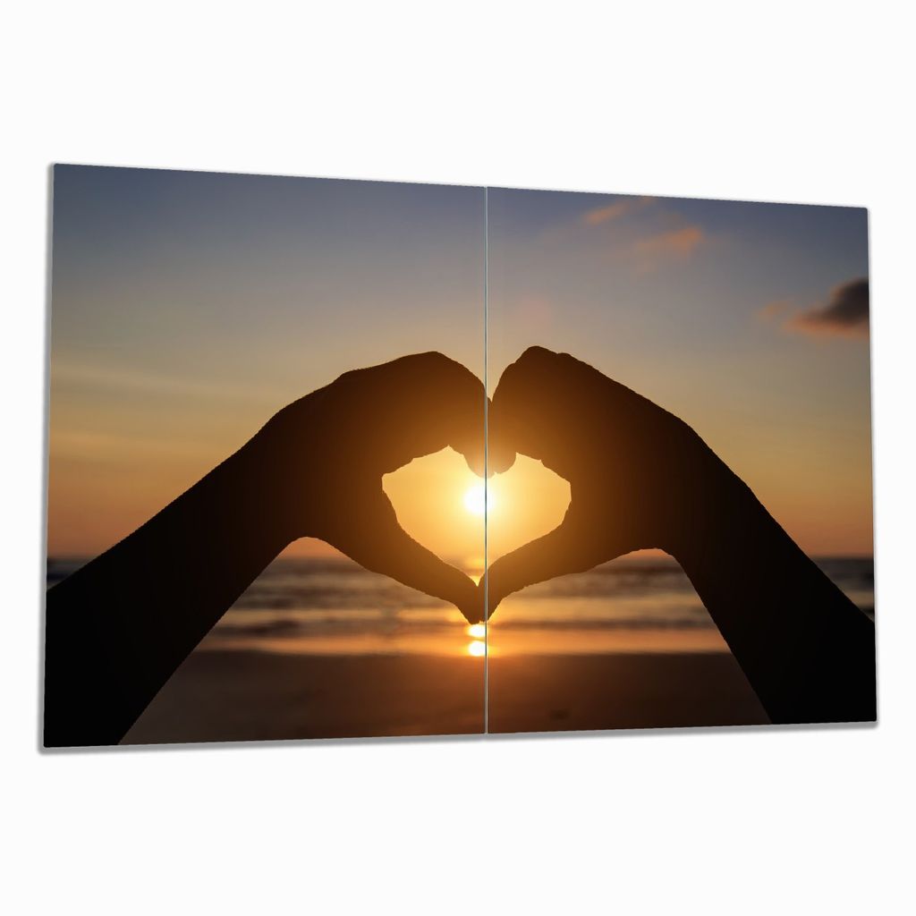 Wallario Herdabdeckplatte aus Glas, Größe 80 x 52 cm 2-teilig, Motiv Liebe im Herzen der Sonne - Strand und Meer