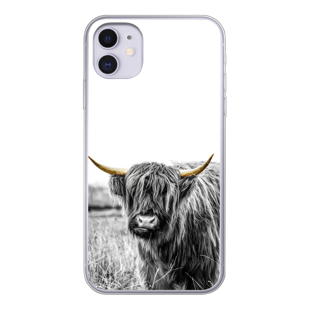 MuchoWow Handyhülle Schutzhülle Hülle für iPhone 11 Schottischer Highlander - Gold - Schwarz - Weiß Silikon Softcase Handy Hülle - Handytasche